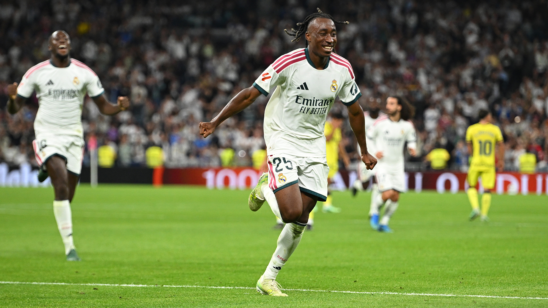 MADRID, SPAIN - OCTOBER 10: Yan Diomande of Real Madrid celebrates scoring his team’s first goal during the LaLiga EA Sports 2026/27 match between Real Madrid and Villarreal CF at Estadio Santiago Bernabeu on October 10, 2026 in Madrid, Spain. (Photo by Denis Doyle/Getty Images)