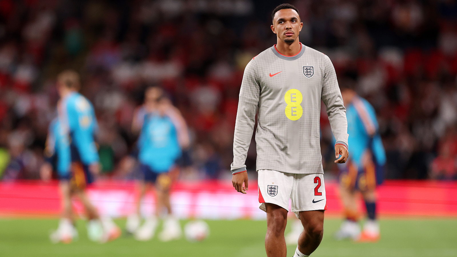 LONDON, ENGLAND - SEPTEMBER 26: Trent Alexander-Arnold of England warms up before the UEFA Nations League 2026/27 group phase match between England and Spain at Wembley Stadium on September 26, 2026 in London, England. (Photo by Carl Recine/Getty Images)